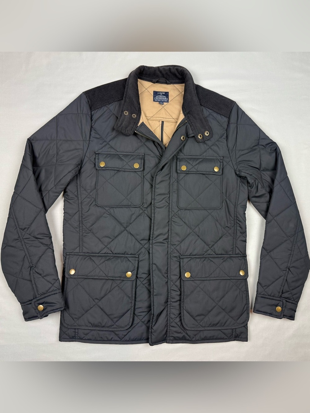 J. Crew Mens Greyson Quilted Barn Field Jacket Sz Small Black Corduroy Collar